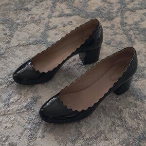 CHLOE Black Patent Leather Laurena Scalloped Pumps Women's Size 36.5 Block Heel